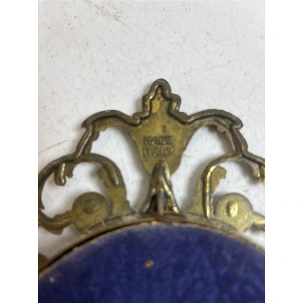Pair Vintage Oval Metal Ornate Frame Floral Pictured Bubble Glass Made in Italy